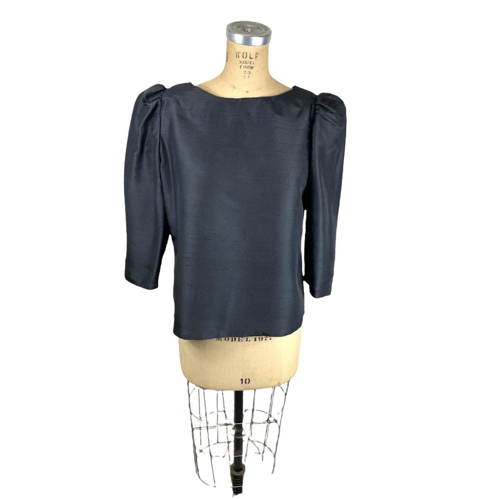 1980s black silk blouse with puffed sleeves and back buttons Size L